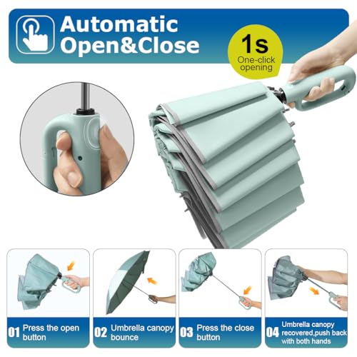 PALAY® 50 Large Umbrella with Reflective Strip Auto 3-Fold Compact Travel Umbrella Carabiner Handle Reinforced 10 Dual Ribs Sun Protection 99 UV Rain Windproof for Men Women Mint Green 3 PCS PALAY® 50 Large Umbrella with Reflective Strip Auto 3-Fold Compact Travel Umbrella Carabiner Handle Reinforced 10 Dual Ribs Sun Protection 99 UV Rain Windproof for Men Women Mint Green 3 PCS